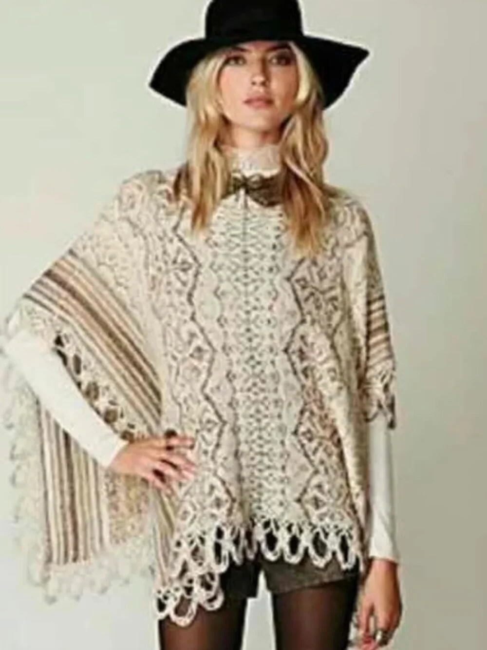 Free People Casablanca Knit Cape Poncho Sand Combo Silk/Cotton/Wool Blend O/S